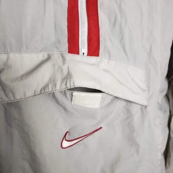Nike Men's Windbreaker Jacket XL Gray Red Swoosh Nylon Half Zip White Label - Picture 4 of 11